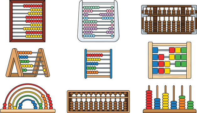 Colorful Mathematical Abacus Vector Icon Set Featuring Diverse Educational Counting Frames and Traditional Soroban Calculation Tools