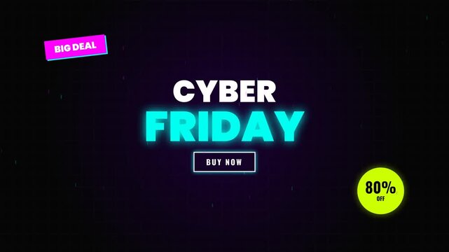 Cyber Friday neon sale banner displayed against a dark textured background with discount percentages.