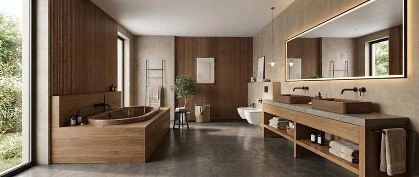 Luxury modern bathroom with wooden bathtub double vanity and sleek design