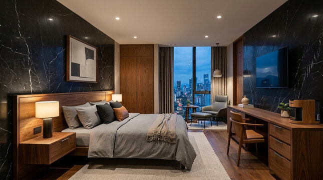 Luxury modern bedroom with city view marble walls wooden furniture and cozy bedding