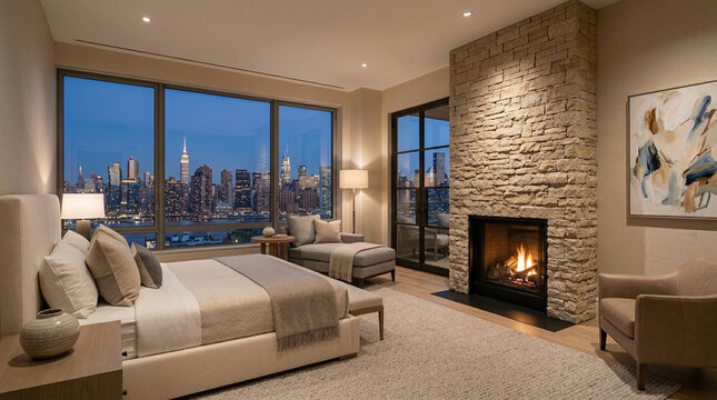 Luxury Modern Bedroom with City Skyline View and Stone Fireplace