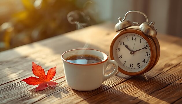 Morning coffee cup and vintage alarm clock on a wooden desk with a red leaf analog table autumn hot drink steaming routine cozy home time beverage