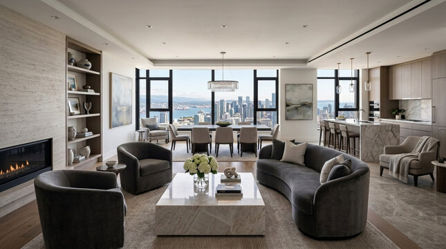 Luxury Modern Living Room with City View Elegant Sofa Fireplace Dining Area and Kitchen