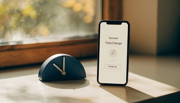 Semicircle table clock and a smartphone displaying time on a sunny windowsill with mobile phone window sill home decor still life lifestyle technology digital management