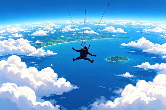 Skydiver Falling Through Sky Above Tropical Ocean with White Parachute Lines
