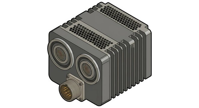 Industrial ultrasonic proximity distance sensor with M12 connector socket and mounting holes. Non contact level and object detection vector illustration