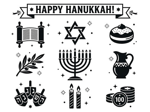 Happy hanukkah black and white vector icon set with menorah dreidel