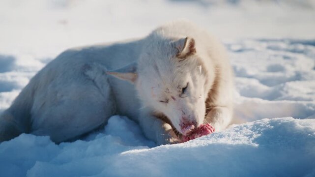 White wolf rests in snow. It eats raw meat, eyes closed. Sunlight glints off its thick fur. Snow surrounds it, quiet, cold. Nature's raw beauty, untouched. Perfect for wildlife, survival