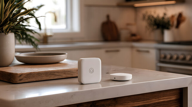 Smart Doorbell Chime Resting On A Kitchen Counter Beside Its Receiver