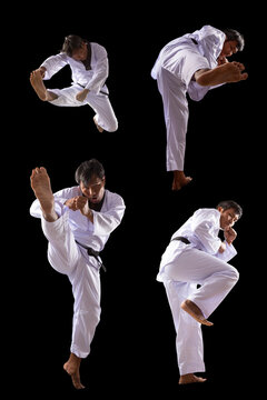 Martial artist performing four dynamic kick poses in white uniform with black belt, showing taekwondo, combat, strength, balance, discipline, agility and powerful athletic motion