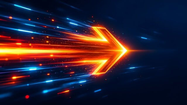 Glowing orange digital arrow speeding forward with dynamic light trails representing rapid technological advancement and high speed momentum