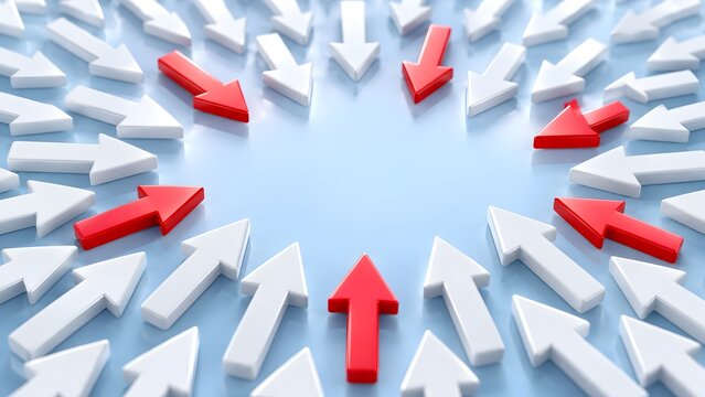 Red and white arrows converging towards a central empty circle representing business focus target market and team collaboration