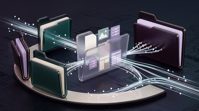 Centralized data folder receiving information from multiple sources through glowing fiber optic lines representing data aggregation and digital repository management in modern tech