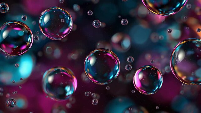 Shimmering Iridescent Bubbles Floating in Colorful Neon Bokeh