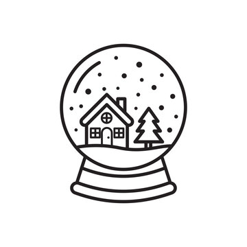 Simple black and white line icon of a magical snow globe with a cozy house and pine tree inside.