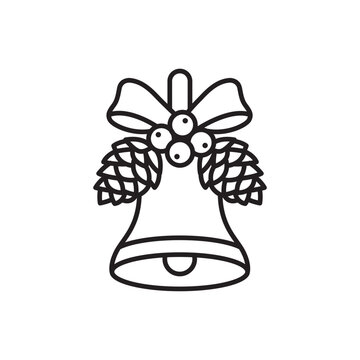 Line icon of a Christmas bell decorated with pine cones, berries, and a ribbon bow.