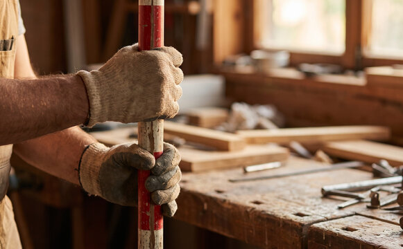 Middle-aged male carpenter holding a wooden rod in a rustic workshop