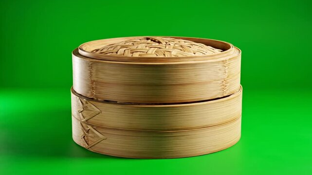 Traditional Bamboo Dim Sum Steamer Basket Stacked on Green Screen Background.