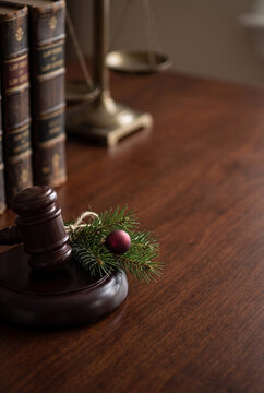 Christmas gavel law office desk holiday legal justice concept for holiday greetings