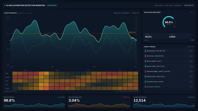Ai hallucination detection monitor dashboard with real time precision gauges detection rate, for machine learning, data, model 4k, control