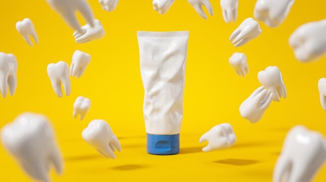 White toothpaste tube and teeth on yellow background.