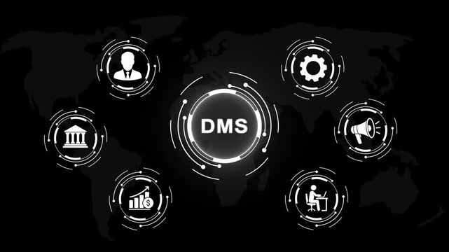 Dms document management system digital interface concept featuring animated global network data processing workflow, corporate business automation, cloud technology integration, and modern ui
