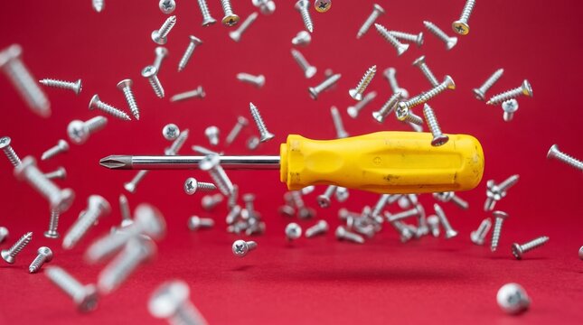 Yellow screwdriver and silver screws levitating against a solid red background.