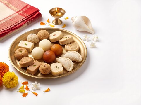 An assortment of traditional bengali sweets rests on a golden plate accompanied by floral decorations burfi chamcham coconut confection cream