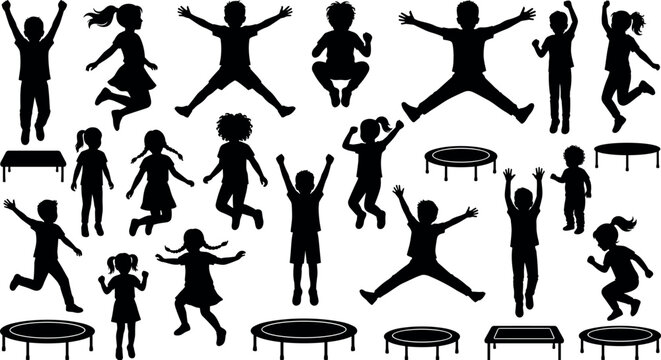 Collection of happy children silhouettes jumping on trampolines playing and exercising for active kids healthy lifestyle and sports vector graphic designs