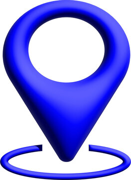 Location pin icon, blue glossy 3D map marker with ring base, navigation and destination concept