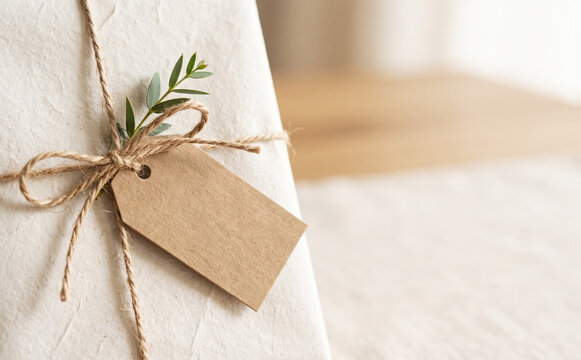 Minimalist eco friendly gift box wrapped in textured paper with twine string and blank craft label for creative design mockup