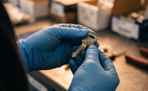 Locksmith inspecting a metal car key in an auto workshop wearing blue protective gloves