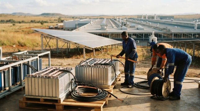 African battery supply chain with prism cells, copper busbars, insulated cable reels, solar panels, and factory roof