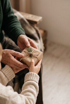 Elderly man and child holding small wrapped christmas gift together close up