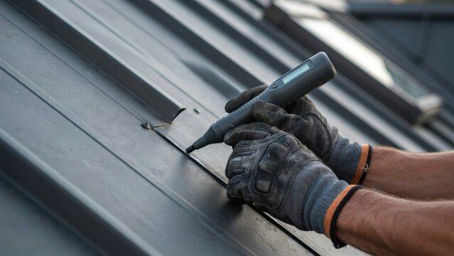 Roofer wearing protective gloves uses digital inspection tool to check metal roofing panel seams during maintenance work.