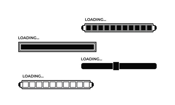 Horizontal loading bar icon collection with download and upload progress indicators, buffering signs, and file transfer elements for website interfaces, mobile apps, and digital technology projects