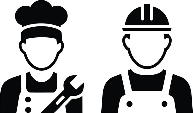 Chef and construction worker profession icon set featuring culinary expert and industrial laborer avatar vector illustration