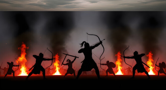 Silhouette of archers with bows and arrows in a battle scene with fire and smoke.