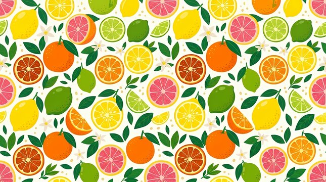 Vibrant summer tropical citrus fruit seamless pattern design for fabric packaging wallpaper and textile decoration fruit seamless pattern citrus slice lemon bright summer print flat style fabric