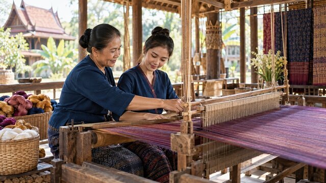 Asian women master crafting traditional handwoven textiles on wooden loom in authentic village workshop setting