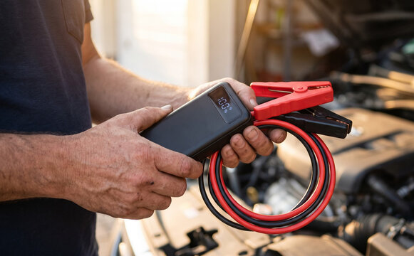 Middle-aged man holding a portable car jump starter with jumper cables near an engine bay for emergency battery power