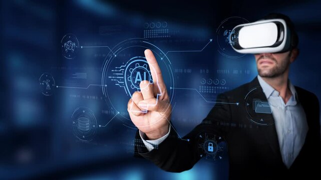 A businessman engages with a virtual reality headset, interacting with a digital interface that showcases advanced artificial intelligence concepts in a modern office. Raster