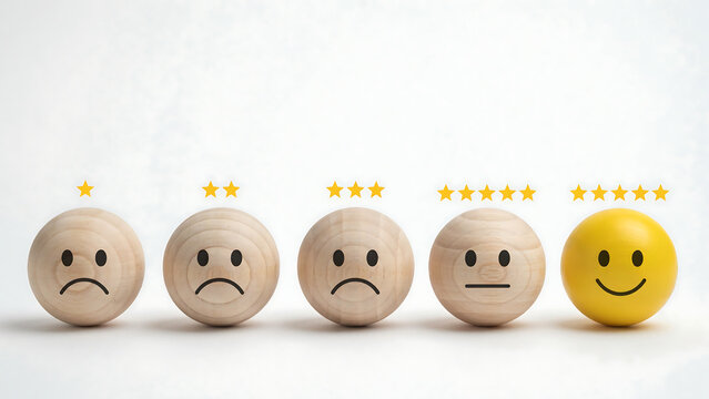 Row of wooden emoji balls with sad neutral and happy smiley faces and yellow star ratings on white background representing customer satisfaction feedback survey and service review