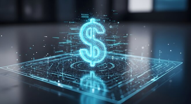 Glowing neon dollar sign on a digital circuit board pattern background symbolizes digital currency and advanced financial technology abstract concept.