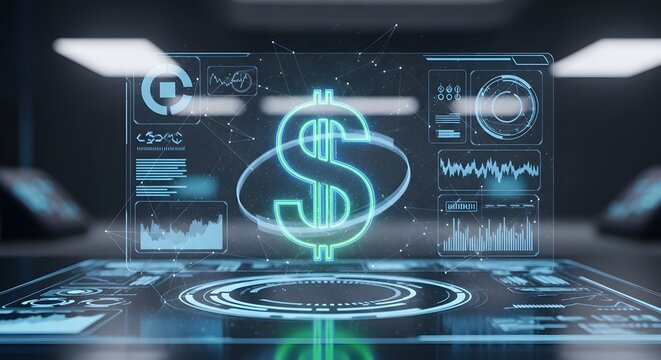 Digital holographic interface displays dollar sign with financial charts and data analysis suggesting futuristic technology and global economic insights.