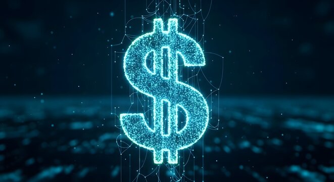 Digital dollar sign glowing blue neon particles floating on dark background representing financial technology innovation and global wealth management network connection data visualization concept art.