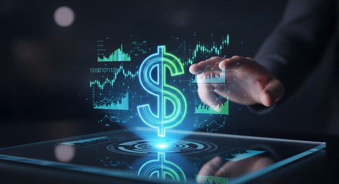 Futuristic hand touching holographic glass panel with glowing dollar sign and financial charts showing stock market data and economic analysis tools for banking and investment strategy.