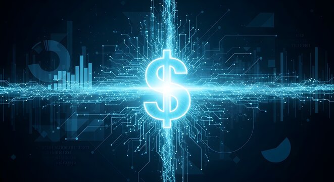 Large glowing dollar sign at the center of a complex digital circuit board, surrounded by abstract data elements and charts, representing digital finance and wealth.