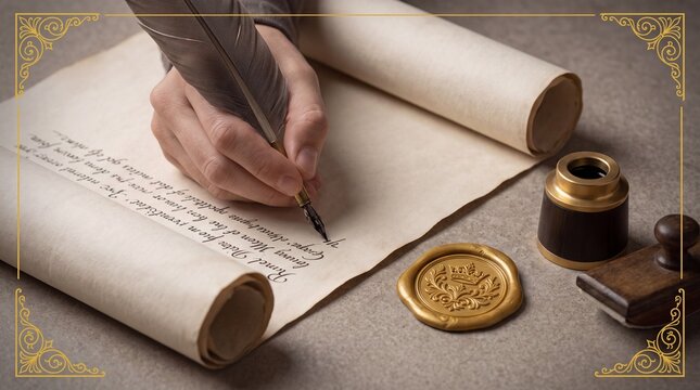 Hand writing with quill pen on vintage parchment scroll