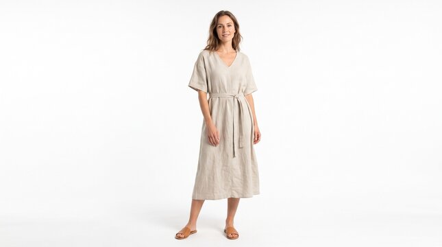 A woman models a stylish, casual, loose-fitting, short-sleeved midi dress with a cinched waist and v-neckline, perfect for everyday wear